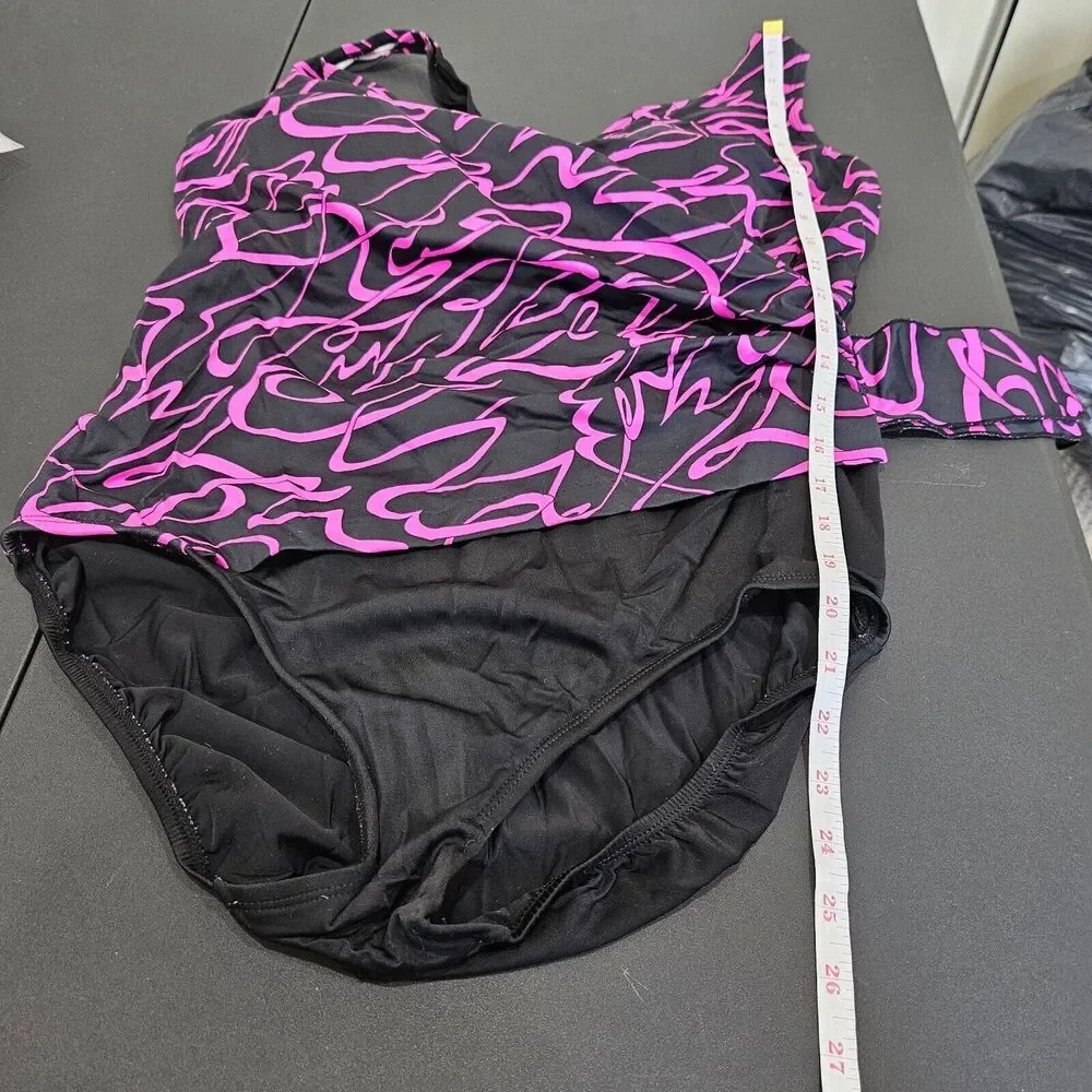 Longitude Women's Wrap One Piece Swim Suit Black Purple Beach Resort Vacation
